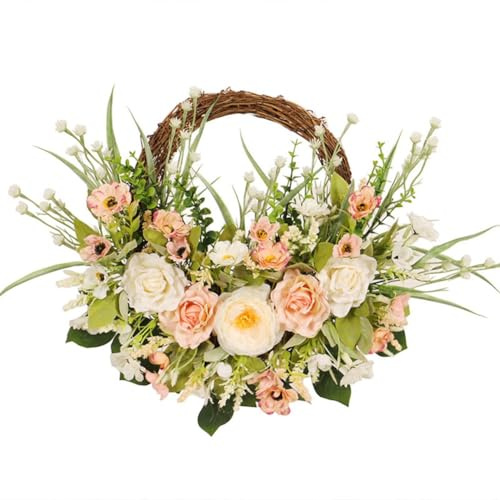 Opatiny Ghirlanda di rose primaverili per la decorazione della porta d'ingresso, ghirlanda di fiori artificiali con peonie e fiori di ciliegio, mezza corona da 40 cm in fiori di seta