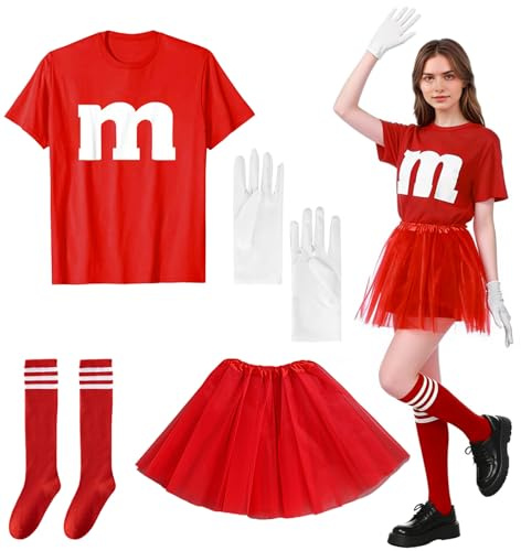 GOUYENG Costume M et M Pour Femme,T-Shirt Imprimé M,Costume de Carnaval,avec Tutu,Gants,Chaussettes à Rayures,Costumes de Groupe,T-Shirt de Carnaval,pour Carnavals Halloween Jeu de Rôle(S)