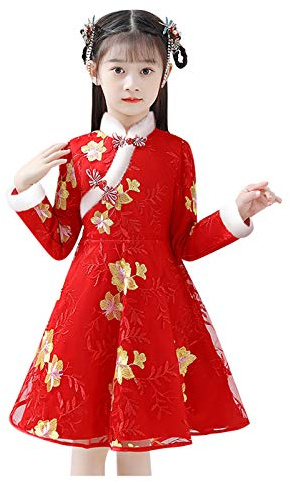 Teen Girl Fleece Lined Dresses Traditional Floral Embroidered Dress Chinese New Year Outfits Kids Thick Warm Tang Style Long Sleeved Cheongsam Clothes Age 2-13 Years