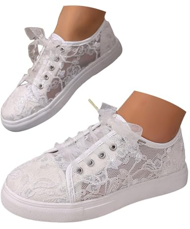 Generisch Chaussures d'été pour femme - Confortables - En dentelle - En tissu blanc - Baskets avec dentelle blanche - Élégantes et blanches