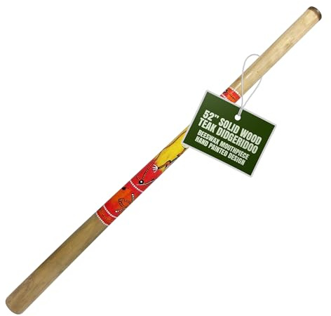 Solid Wood Didgeridoo, 52 Long with Beeswax Mouthpiece – Hand-Painted Dancing Lizard Design, Wind Instrument in Key of C-E, Instrument for Beginners and Intermediate Players, by World Percussion USA