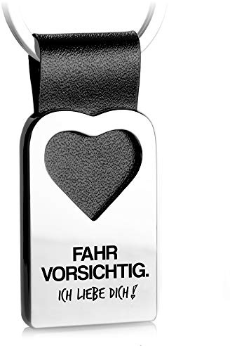 FABACH Herz Schlüsselanhänger mit Gravur aus Leder - Auto Glücksbringer Anhänger für Ihren Lieblingsmensch - Fahr vorsichtig Ich liebe dich