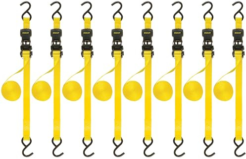 Stanley S1000 Black/Yellow 1 x 10' Ratchet Tie Down Straps - Light Cargo Hauling (1,500 lbs Break Strength), 8 Pack