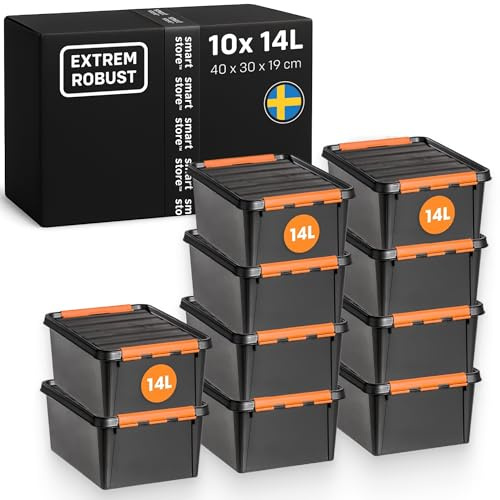 SmartStore Förvaringslåda Robust med Lock I 14L I 10-pack I Garage Verkstad Flytt I Rejäla clips I Tillverkad i Sverige I Svart I 40 x 30 x 19 cm