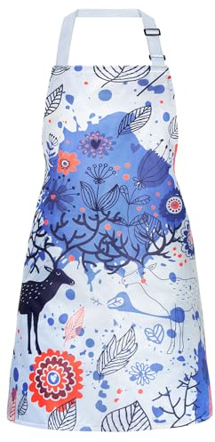 Viedouce Tablier de Cuisine Etanche, Wapiti Tablier Réglable avec Poches pour Cuisine Familial Restaurant Jardin Barbecue Café Serveur, Noël Artistique Tablier Cuisine pour Homme Femme,Bleu