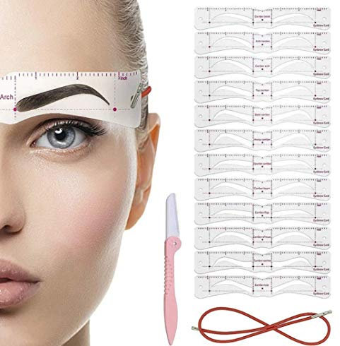 Augenbrauen Schablonen Set 12 Paare mit Halterung – Wiederverwendbare Formen zum Brauenstyling – Für Anfängerinnen geeignet – Rosa Kunststoffhalter für präzise Konturen und Symmetrie