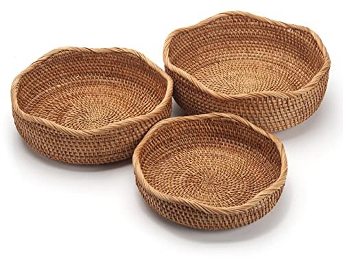 Rattan Bread Baskets Round Woven Fruit Bowls Key Holders Stackable for Storage, Snack, Fruit, Vegetable Natural Set of 3