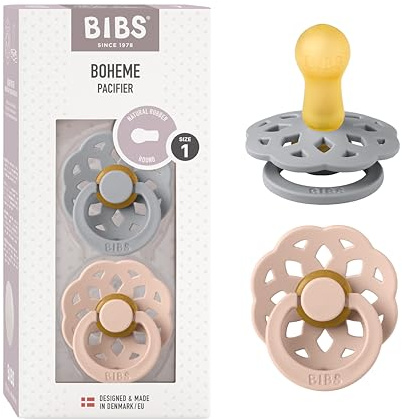 BIBS Boheme Soother 2-Pack. BPA Free. Round Nipple, Natural Rubber Latex, Made in Denmark. Size 1 (0-6 Months), Cloud/Blush
