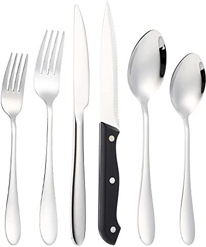 JGJGJG Set di posate da 36 pezzi, posate per 6 persone, in acciaio inox, con coltello/forchetta/cucchiaio/coltello da bistecca, lucidato, lavabile in lavastoviglie