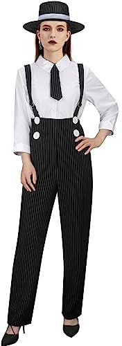 NUWIND 1920s Disfraz de Gangster para Mujer Pantalones raya Diplomática Mafia Mono Camisa Corbata Sombrero Traje Gangster Boss de los años 20 (S)