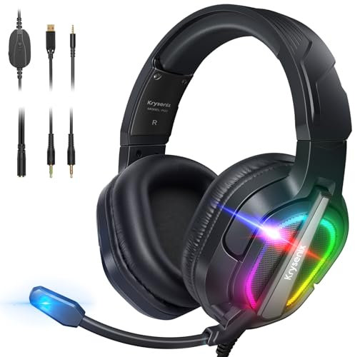 Krysenix PG2 Gaming Headset for PS4, PS5, PC, Xbox One, Switch, Wired Gamer Headphones with AI Stereo Microphone Sound, Ergonomic Design Over Ear Computer Headset with 3.5mm Jack & LED Light Black