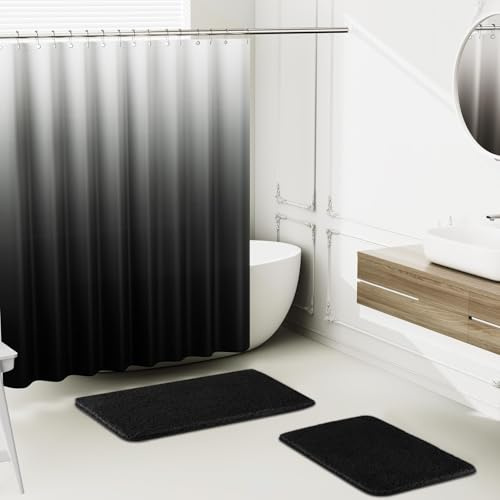 XLHOMO Black Bathroom Sets with Ombre Shower Curtain and Rugs, Waterproof Black Gradient Shower Curtain with Hooks, 2 Pack Non Slip Fluffy Bath Mats with Strong Absorbent for Bathroom Floor & Sink