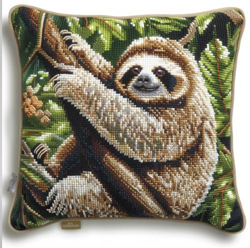 kitphoenix Latch Hook Kissen Kit, Tier Knüpfkissen Set Für Anfänger Erwachsene Oder Kinder Zum Selber Knüpfen,Faultier Liegt Auf Dem Baumdiy Knüpfteppich Knüpfpackung, Knüpfhaken Set 43 X 43