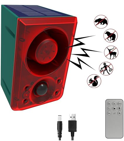 QXMH Solar Outdoor Sports Sensor Alarm: Hund som skäller och skott, stödinspelning, +/- volym, 129dB högljudd larm med fjärrkontroll, stroboskop säkerhet hemlarm, lämplig för hem, gård, lada (1 Pack)