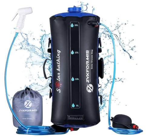 Zyxformis Ducha portatil Camper Ducha para Acampar Bolsa de TPU de 20L con Manguera Larga extraíble Bomba presión Boquilla Pantalla de Temperatura