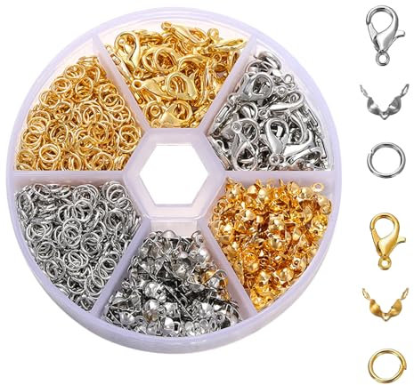 370 Stück Armband Verschluss Set,verschlüsse für armbänder,Kettenverschluss,schlüsselanhänger,Karabinerverschluss und Biegeringe und Crimpenden,für Halsketten Armband DIY(Silber+Gold)