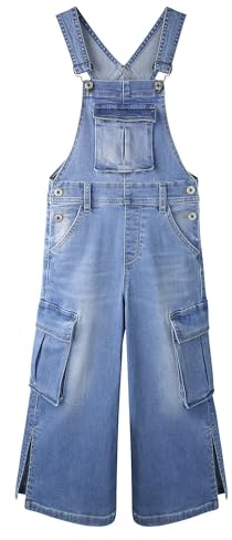 KIDSCOOL SPACE Monos de Mezclilla para niñas, Pierna Ancha en Acordeón, Bolsillos de tacón Profundo, Peto de Jeans Cargo