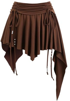 GORGLITTER Women's A Line Flared Asymmetrical Ruffle Skirt Drawstring Ruched Flowy Mini Skirt Cowgirl Outfits Brown Large