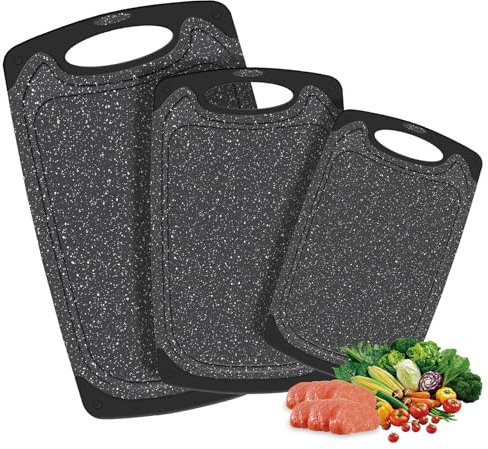 Schneidebrett Set für Küche mit Größen (S/M/L), Schneidebrett Kunststoff mit Griff, Saftrillen, Rutschgummi für Fleisch Gemüse Obst - Schneidebretter BPA-frei, Spülmaschinenfest Küchenbrett