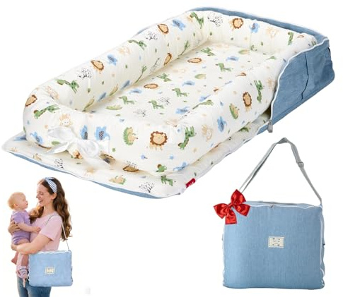 Vervebaby Baby Lounger for Newborn-Portable Baby Lounger 0-24 Months for Home and Travel,Newborn Loungers with Strap, Baby Nest Lounger Adjustable Size,Animal World Blue
