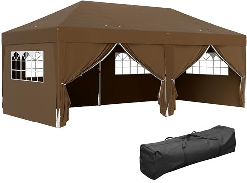 Outsunny Carpa Plegable Gazebo 6x3 m Cenador Plegable con 6 Paredes Laterales Impermeable Anti-UV y Bolsa de Transporte Pabellón de Jardín para Camping Fiestas Café