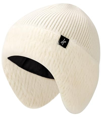 HAMUNI Winter Fleece-Lined Beanie with Earflaps, Warm Windproof Unisex Beanie Hat for Skiing, Hiking & Outdoor Winter Sports Oatmeal