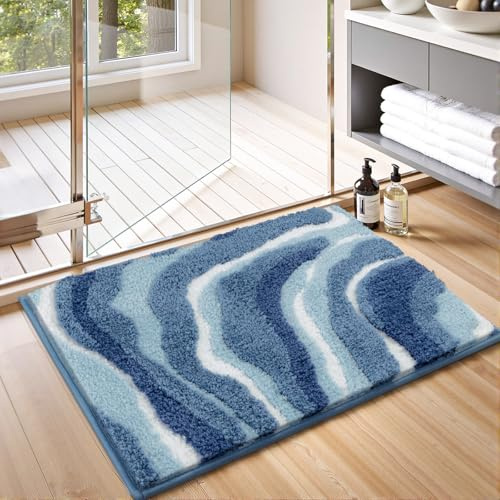 Enyhom Tapis de Bain Antidérapant 45 x 65 cm, Tapis Salle de Bain Bleu en Microfibre Super Absorbant, Extra Doux Epais et Lavable en Machine, Tapis Douche pour Baignoire, Salon