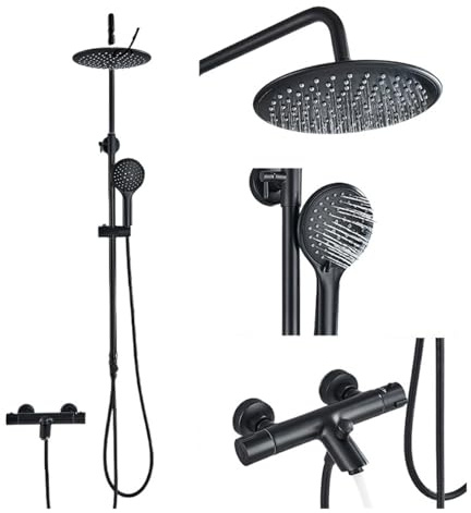 Thermostatic Shower Faucet Bathtub Thermostatic Control Shower System Kit Thermostat Tap Rainfall Shower For Bath(Black Full Set)