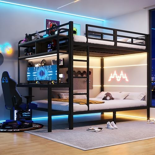 Letto a soppalco 140x200cm con luce LED e porta USB,metallo letto a castello matrimoniale con scrivania e vano portaoggetti,ringhiera di sicurezza,scaletta,ferro Letto per bambini,senza materasso,Nero