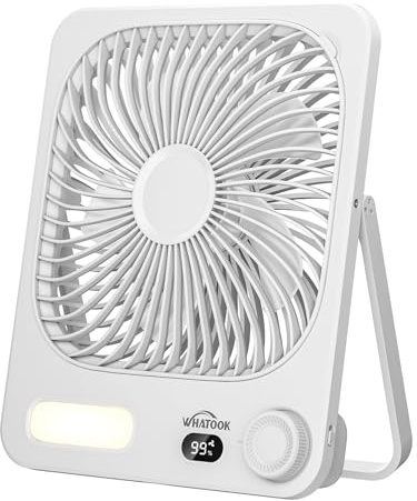 WHATOOK Ventilador de Mesa Recargable 10000mAh con Luz Nocturna, USB C Silencioso 30dB, 100 Velocidades, 40h, Pantalla Auto-Off, Rejilla Lavable, Gancho Camping Dormitorio
