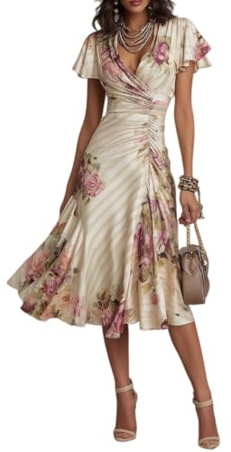 LIUYUYOUGO Abito Donna Abito Midi Floreale in Raso per Donna Abito Estivo Elegante con Maniche A Volant E Scollo A V Profondo Abito A Portafoglio Arricciato Color Albicocca Boho Abito A Trapezio in