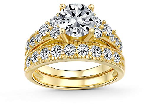 3CT Round Solitaire Side Stones AAA CZ Pave Wedding Band Ensemble De Bagues De Fiançailles 14K Or Jaune De Fiançailles Plaqué .925 Argent Sterling