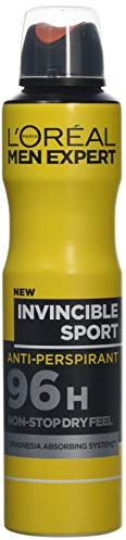 L'Oréal Mens Deodrant, Men Expert 96H Invincible Sport Anti-Perspirant Spray Bulk Pack, Ultra-Powerful Sweat Protection with Fresh Aromatic Woody Scent, Alcohol-Free, 250ml (Pack of 6)