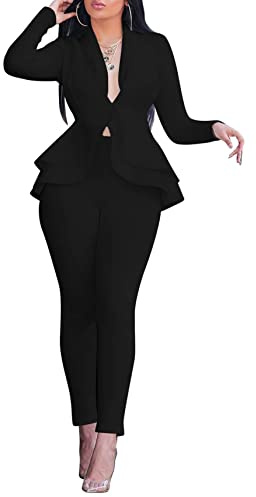 Sexy 2 Piece Outfits for Women Long Sleeve Solid Blazer with Pants Casual Elegant Business Suit Sets Black M