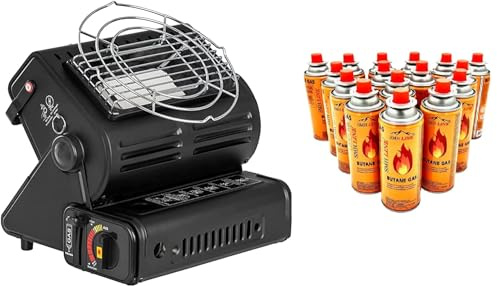 SMH LINE® 2-i-1 bärbar gasvärmare för camping + 12 gaspatroner utomhusvärmare, 1,3 kW, brännare + butan gaspatroner, LPG-keramik