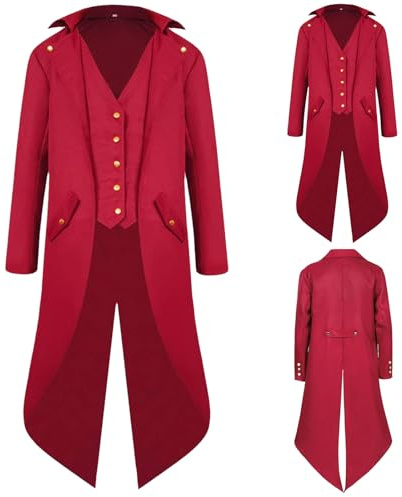 NFAOEGJ Men Medieval Tailcoat Steampunk Victorian Costume Mens Medieval Gothic Vintage Jacket Halloween Costum (Red, M)