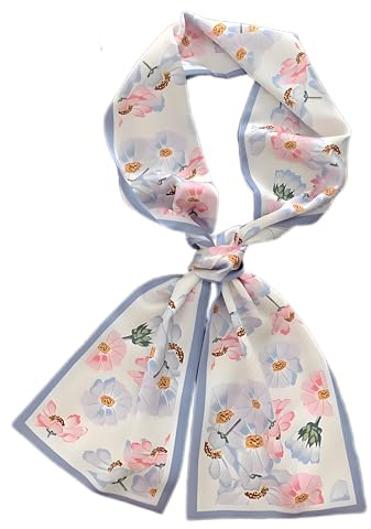 GIMIRO Sciarpa in seta satinata a doppio strato, 150 x 16 cm, cravatta a fiori, cintura in vita per blazer, cappotto, abito, 23# Light Blue/White/Pink Floral, 150cm x 16cm