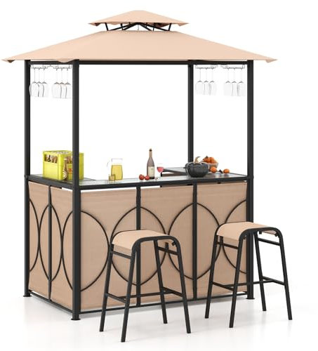 GOPLUS Cenador para barbacoa, doble techo con cristal templado, mesa de bar, 2 taburetes, soportes de cristal, 2 estantes, toldo para barbacoa, resistente a la intemperie, para exterior, jardín,