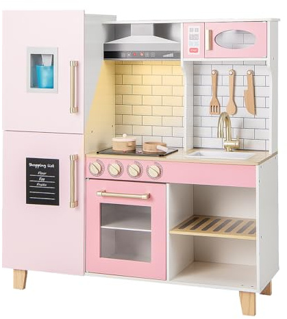 HOMASIS Cocina de juego de madera con máquina de hielo y accesorios de cocina, juego de cocina para niños con luces y sonidos, para niños de 3 años o más, 92x30x98 cm, rosa