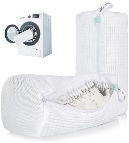 ADEHMDA Reusable Shoe Washing Machine Bag, Trainer Washing Machine Bag with Zipper, Laundry Shoe Bag for Washer&Dryer, Elongated Thicken Microfiber Fluff&Fits Multiple Shoe Types(2pcs, White)