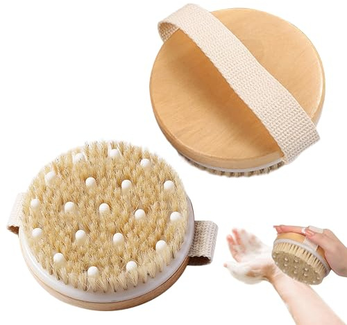 2PCS Dry Brushing Body Brush, Exfoliating Scrubber, Natural Bristle Bath Brush, Lymphatic Drainage Massager Brushes, Cellulite Remover Brushes for Shower, Organic Spa Exfoliation