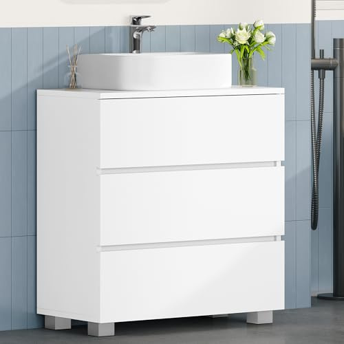 HEXCELEN Mueble Bajo Lavabo, Mueble Baño con 3 Cajones, Armario de Baño, con Patas Elevadas, para Lavabo Sin Reborde, Moderno, 30 x 60 x 63 cm, Blanco
