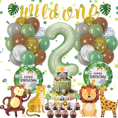 Fizdoqg Födelsedagsdekoration 2 år, pojke flicka safari, djungeldekoration | med ballonger, banderoller, tårttoppare för djungelfestdekoration, födelsedagsdekoration