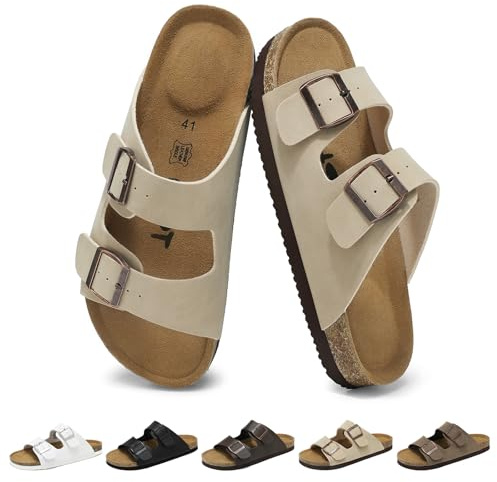 Wizshoe Sandalias Mules Hombre Zapatillas Planas Verano Zuecos Sandals de Corcho Zapatos Planos con Hebilla Ajustable Cómodos con Plantilla Ergonómica Transpirables Interior Exterior Beige 46 EU