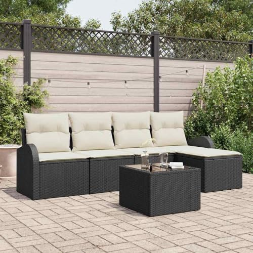 Frdhee Juego de muebles de exterior para salón de jardín, sofá de jardín con cojín 6 piezas de ratán negro de polirratán, grupo de asientos para jardín, terraza y balcón, fácil de mantener