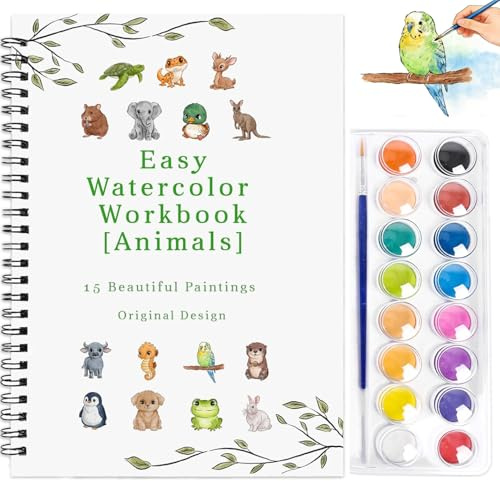 pobuu Cahier d'exercices d'aquarelle, 15 motifs d'animaux originaux, 16 couleurs de peinture aquarelle avec palette de pinceaux, cahiers d'aquarelle adaptés aux débutants, livre de coloriage à l'eau