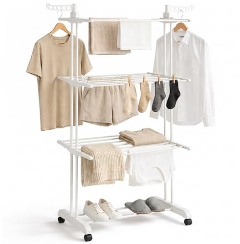 edihome, Tendedero Vertical, Plegable, 4 Niveles con Alas Laterales, Estructura Metálica Resistente, 35 kg Capacidad, con Ruedas, Ahorra Espacio, Interior y Exterior (Blanco)