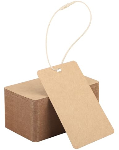 EUSOAR Brown Gift Tags - 200 Pieces 5x8cm Kraft Paper Tags - Rectangular Brown Labels with String - 300GSM Lable Tag for Personalised Presents Gift Wrap Price Hang