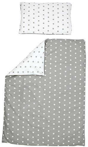 Reversible Cot Duvet Cover and Pillowcase Set - 100cm x 135cm, 100% Cotton (Grey & White Little Stars)