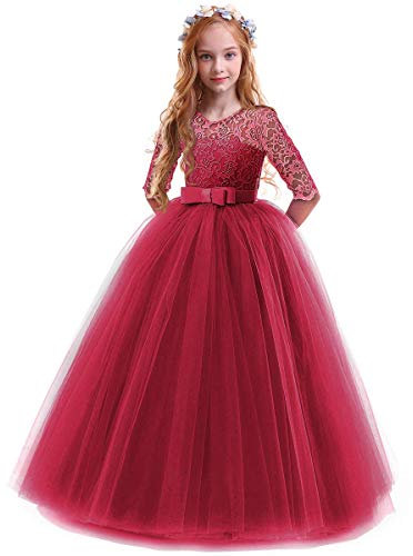 Iwemek Blumenkleid für Mädchen, 3/4-Ärmel, florale Spitze, Tüll, Erstkommunion, Festzug, Prinzessin, Geburtstag, Karneval, Weihnachten, Brautjungfer, Party, Ballkleid, für 2–14 Jahre, 11-12 Jahre